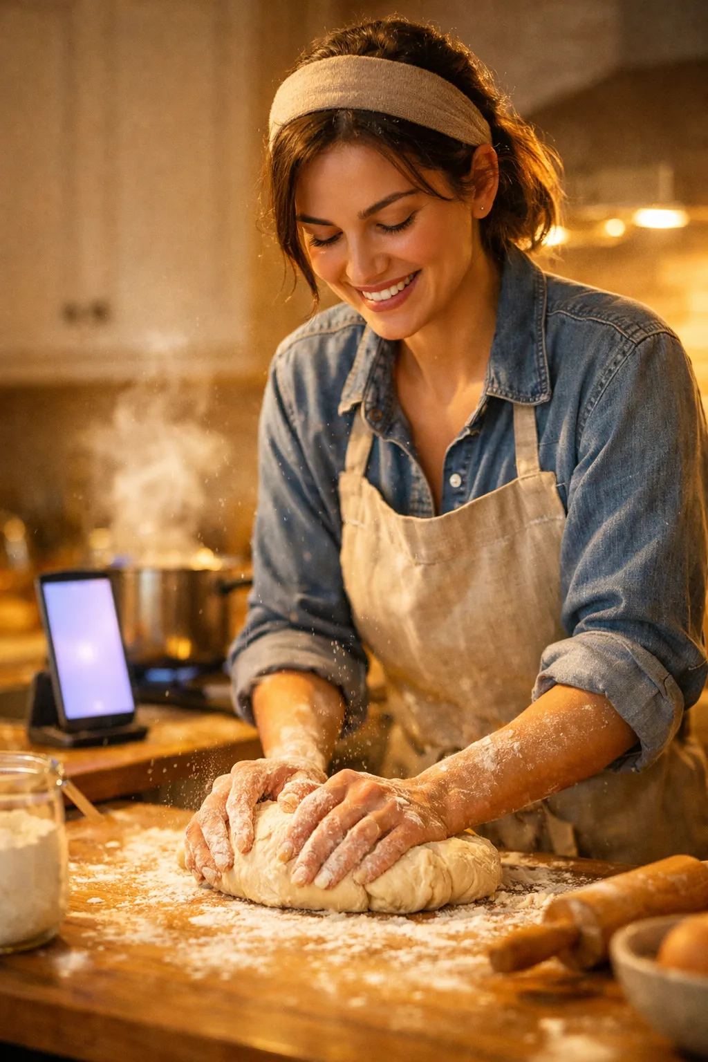 Hands kneading dough on a floured surface, baking fresh bread at home