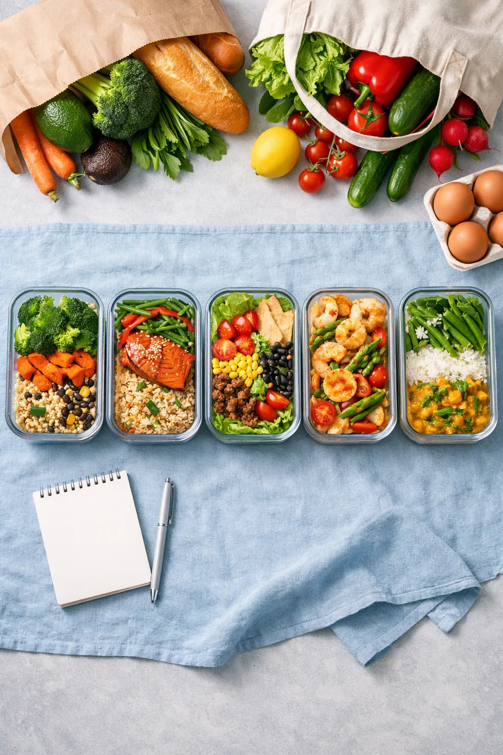 Five meal prep containers filled with home-cooked food beside fresh groceries and a notepad