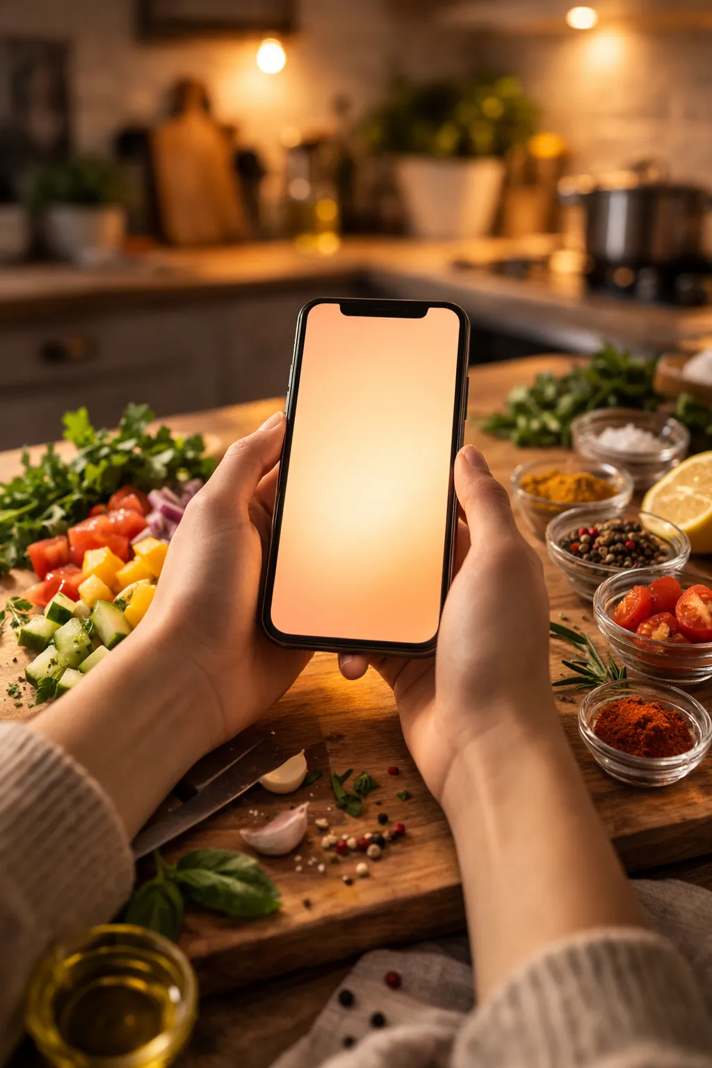 A smartphone propped on a chopping board beside fresh vegetables, showing the Mamam app while someone prepares a meal