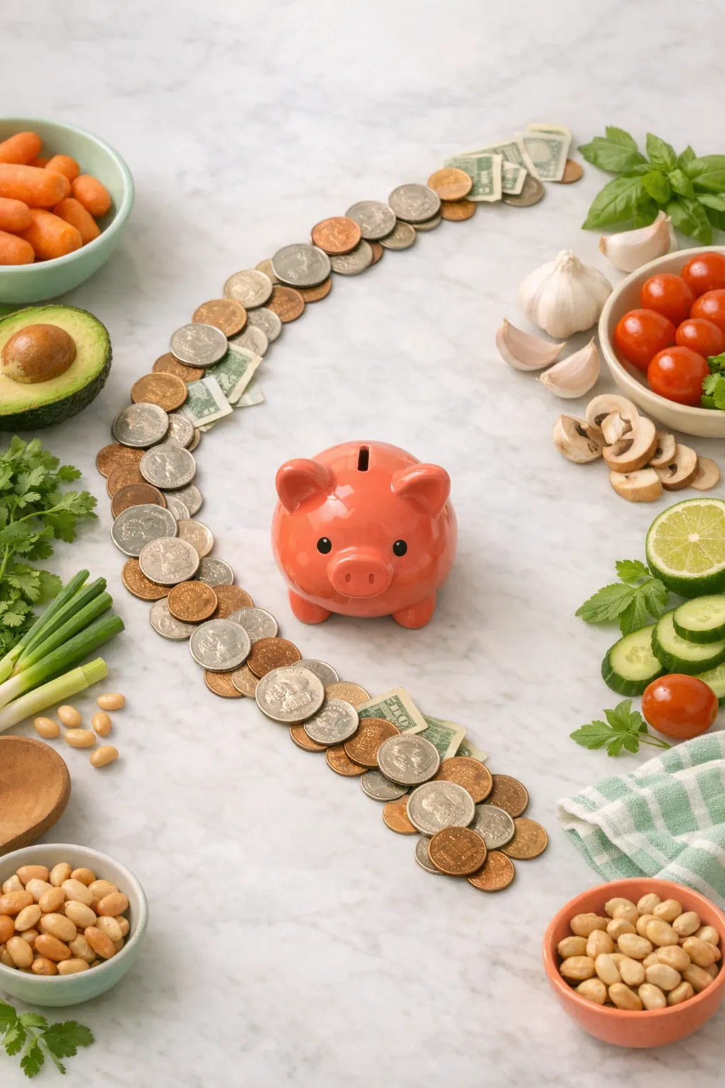 A ceramic piggy bank surrounded by coins and fresh vegetables, representing money saved by cooking at home