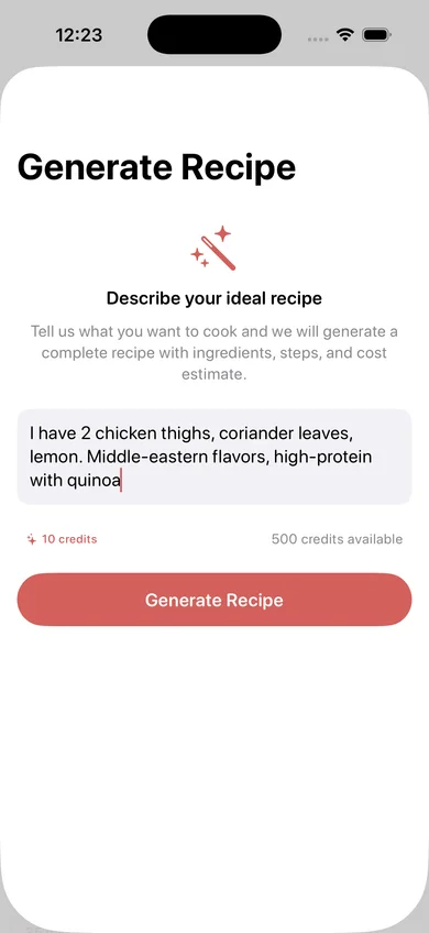 AI recipe prompt screen showing a conversational recipe request interface
