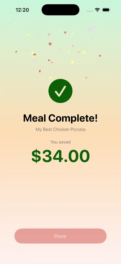 Mamam app showing $34 saved on a home-cooked meal with confetti celebration