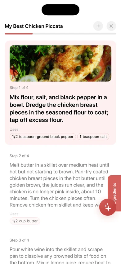 Cooking mode screen showing step-by-step recipe instructions