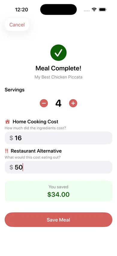 Meal logging screen showing $16 home-cooked vs $50 eating out comparison
