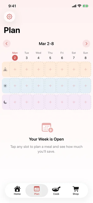 Meal planning calendar showing a week of planned home-cooked meals