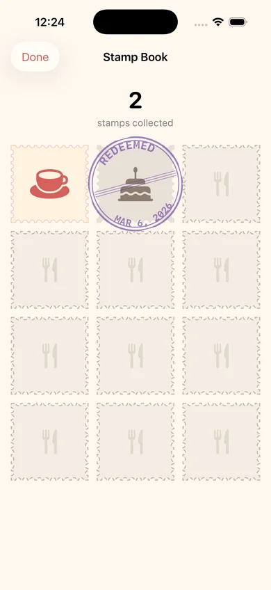 Stamp book screen showing collected stamps from cooking at home